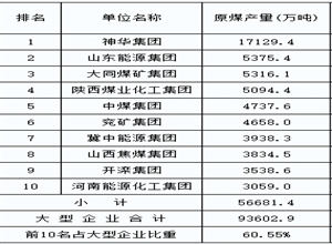 前5月大型煤企原煤產(chǎn)量前10名企業(yè)（圖）